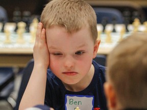 Ben Burke appears frustrated by his opponents move during one of the morning games at the Southwest Limestone Chess tournament in Kingston, Ont. on Friday April 1, 2016. The annual tournament had more than 200 Grade 1 to 8 students, from seven different schools, compete in the day long chess tournament, with the top 25% moving on to the Eastern Ontario Chess Challenge at the Frontenac Mall this Sunday. Julia McKay/The Whig-Standard/Postmedia Network