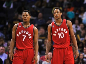 Toronto Raptors guards Kyle Lowry and DeMar DeRozan look on during second-half NBA action against the Memphis Grizzlies at FedExForum in Memphis on April 1, 2016. (Justin Ford/USA TODAY Sports)