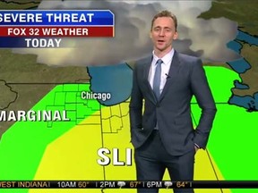 Tom Hiddleston dropped by a Chicago news station to update viewers on the storm hitting the area this weekend. (YouTube screengrab)