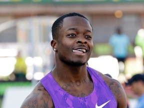 In this June 25, 2015, file photo, Buffalo Bills wide receiver Marquise Goodwin playfully sticks his tongue out after his attempt in the long jump at the U.S. track and field championships in Eugene, Ore.
