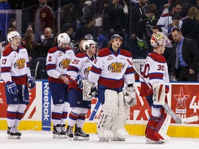 The Edmonton Oil Kings leave the ice after losing Game 4 of their playoff series against the Brandon Wheat Kings 5-0 Thursday at Rexall Place. (Ian Kucerak)