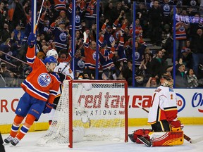 Edmonton Oilers forward Leon Draisaitl celebrates a goal in a previous Battle of Alberta against the Calgary Flames, a season series that has been split down the middle heading into Saturday's game. (File)