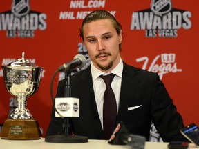 Erik Karlsson talks to media after winning the James Norris Memorial Trophy during the 2015 NHL Awards at MGM Grand. (Jake Roth/USA TODAY Sports)