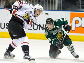 Knights forward and Maple Leafs prospect Mitch Marner (right) had an assist as London eliminated the Attack from the OHL playoffs yesterday. Marner had 12 points in the series. (CRAIG GLOVER/POSTMEDIA NETWORK)