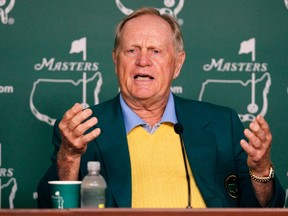 Honorary starter Jack Nicklaus attends a press conference during the ceremonial tee-off before first round play in the 2012 Masters Golf Tournament at the Augusta National Golf Club in Augusta, Georgia, in this file photo taken April 5, 2012.  (REUTERS/Mark Blinch/Files)