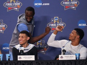 North Carolina Tar Heels forward Theo Pinson goofs around with forward Kennedy Meeks and forward Justin Jackson during a press conference before the national championship game against the Villanova Wildcats at NRG Stadium. (Kevin Jairaj-USA TODAY Sports)