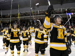 Kingston Frontenacs players, including, from left, Stephen Desrocher, Nathan Billitier, Ryan Verbeek and Lawson Crouse, salute the fans at the Rogers K-Rock Centre following the Frontenacs’ playoff series-clinching 6-0 win over the Oshawa Generals on Friday night.
(Ian MacAlpine/The Whig-Standard)