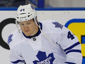 Maple  Leafs' Morgan Rielly will be tasked with trying to contain Panthers' Jaromir Jagr when the teams meet on Monday night at the Air Canada Centre. (USA TODAY SPORTS/PHOTO)