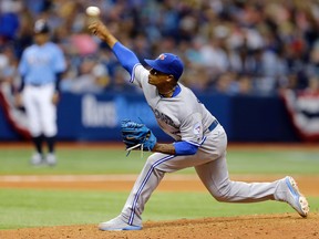 Toronto Blue Jays' Marcus Stroman pitches to the Tampa Bay Rays during the ninth inning of a baseball game, Sunday, April 3, 2016, in St. Petersburg, Fla. (AP Photo/Chris O'Meara)