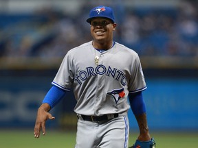 Toronto Blue Jays starting pitcher Marcus Stroman reacts as he is taken out of the game during the ninth inning against the Tampa Bay Rays at Tropicana Field. (Kim Klement/USA TODAY Sports)
