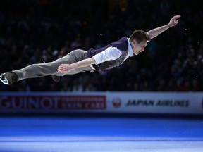 Canada’s Patrick Chan skates during the exhibition program at the world figure skating championships in Boston yesterday.