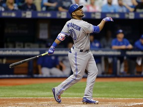 Toronto Blue Jays' Edwin Encarnacion bats against the Tampa Bay Rays during the fifth inning of a baseball game, Sunday, April 3, 2016, in St. Petersburg, Fla. (AP Photo/Chris O'Meara)