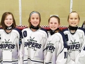 Six Mitchell players (out of 13 skaters) represented St. Marys well in their U12 Provincial Petite division this season, which culminates this upcoming weekend with the provincial championships in Ottawa April 7-10. Pictured are Avery Richardson (left), Ashtyn Wedow, Ellory Beuermann, Molly Snyders, Kirsten Kipfer and Emma Goetz. At the 28-team provincials, St. Marys will participate in the six-team Cockburn Division and take on Burlington, Elora-Fergus S, Gloucester-Cumberland L, London and Timmins in round-robin play. The top three will reach the playoff round Sunday, April 10. SUBMITTED