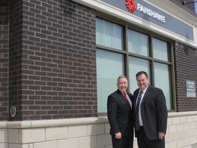 President of Fanshawe College, Peter Devlin, and Goderich Mayor Kevin Morrison stand outside the newly opened campus on the Square in Goderich at 33 David Street. (Laura Broadley/Goderich Signal Star)