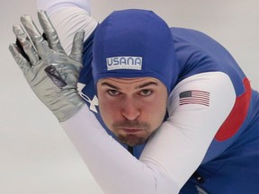 Mitchell Whitmore of the U.S. competes during second heat of the men's 500 meter race of the speedskating single distance World Championships in Kolomna, Russia, on Feb. 14, 2016. (AP Photo/Ivan Sekretarev)