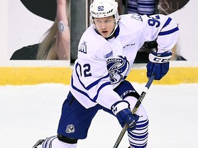 Alexander Nylander of the Mississauga Steelheads controls the puck against the Barrie Colts during OHL action at the Hershey Centre in Mississauga on Nov. 1, 2015. (Graig Abel/Getty Images/AFP)