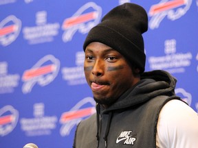 In this Dec. 6, 2015, file photo, Buffalo Bills running back LeSean McCoy talks to reporters after an NFL football game against the Houston Texans, in Orchard Park, N.Y. (AP Photo/Bill Wippert, File)