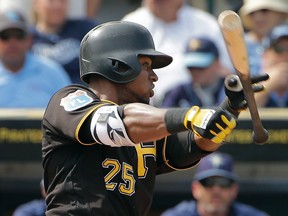 Pittsburgh Pirates’ Gregory Polanco loses his bat as he swings at a pitch from Tampa Bay Rays’ Blake Snell during a spring training game Friday, March 11, 2016, in Bradenton, Fla. (AP Photo/Chris O’Meara)