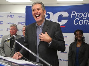 Manitoba Conservative leader Brian Pallister announces a platform on taxation during a press conference in Winnipeg, Man. Monday April 04, 2016.