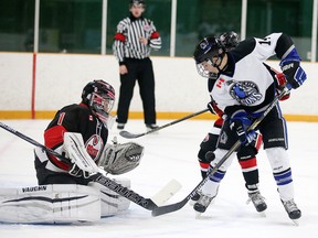 Nickel City Sons Alexandre Antoine tries to get his stick on the loose puck in front of Brantford 99ers goalie      Aiden Berry  during  the  All-Ontario Peewee AAA Championship in Sudbury, Ont. on Monday April 4, 2016.