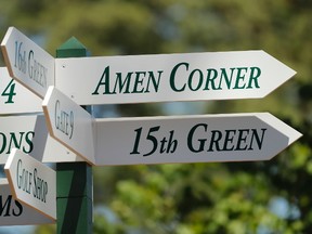 A sign towards Amen Corner is displayed during a practice round for the 2016 Masters at Augusta National GC. (Rob Schumacher/USA TODAY Sports)