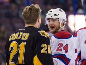 Oil Kings defenceman Aaron Irving, right, says the team's record of success against the Brandon Wheat Kings is a source of confidence going into Game 5 6 of the first-round playoff series. (Ryan Wellicome)