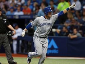 Toronto Blue Jays catcher Josh Thole celebrates after hitting a home run against the Tampa Bay Rays Monday at Tropicana Field. (Kim Klement/USA TODAY Sports)