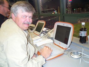 Sun baseball columnist Bob Elliott working a game back in 2002 alongside the now-retired Mike Rutsey. (Joe Warmington/Postmedia Files)