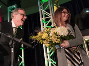 Brad and Tami Wall laugh toward some family members during the Saskatchewan Party electoral victory at Palliser Pavilion in Swift Current, Saskatchewan, on Monday, April 4, 2016. THE CANADIAN PRESS/Michael Bell