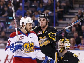 Edmonton's Andrew Koep (15) faces down Brandon's Ivan Provorov (9) during the first period of a WHL playoff game between the Edmonton Oil Kings and the Brandon Wheat Kings at Rexall Place in Edmonton, Alta., on Sunday April 3, 2016. Photo by Ian Kucerak
