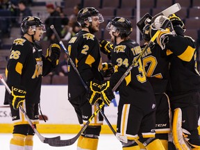 The Brandon Wheat Kings celebrate a goal against the Edmonton Oil Kings in Game 5 of the WHL series Sunday at Rexall Place. (Ian Kucerak)