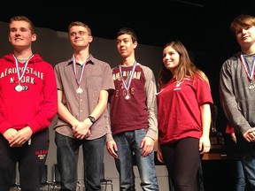 An engineering team from Wallaceburg District Secondary School finished in second place out of 11 schools at the Professional Engineers of Ontario (PEO) Lambton Impromptu Design Challenge, held on April 2 at Sarnia Collegiate. Team members are from left, Matthew Forgie, Justin Everaert, James Gielen, Sarah Valla professional engineer mentor, and Alex Gough.