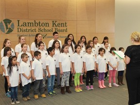 Students from Hillside School, Kettle and Stony Point First Nation Children's Choir sing an Ojibwa version of O Canada at a ceremony honouring donors for the Ontario Student Nutrition Program-Lambton on Mar. 31. 
CARL HNATYSHYN/SARNIA THIS WEEK