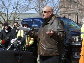 Daniel Sanderson, president of North American Auto Accident Pictures (NAAAP) towing division, speaks out side of Queen's Park about Bill 15's impact on the province's towing industry on April 5, 2016. (Jack Boland/Toronto Sun)