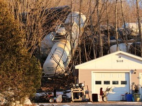 Three homes were evacuated Tuesday, April 5, after 25 train cars derailed from the tracks in North Bay, Ont. (North Bay Nugget photo)