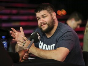 WWE superstar and Quebec native Kevin Owens speaks to the media before WrestleMania 32 in Dallas, Texas.