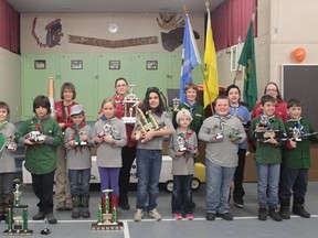 The winners circle from the Scouts annual cub car rally.