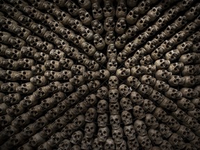 Fake human skulls are placed inside a room at the site for sky burials near the Larung valley located some 3700 to 4000 metres above the sea level in Sertar county, Garze Tibetan Autonomous Prefecture, Sichuan province, China October 31, 2015. In early afternoons, on a hill near famous Larung Wuming Buddhist Institute relatives and onlookers gather for sky burials in which bodies of deceased people are offered to vultures to prey upon it. Such burials are practiced by some Tibetans and Mongolian in China as an extreme type of Buddhist's "self-sacrifice almsgiving". It is believed that feeding vultures with decomposed corpses of relatives on top of a mountain is a respectful way to pay tribute to their passed-away beloved ones. Picture taken October 31, 2015. REUTERS/Damir Sagolj