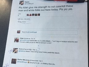 Newstalk 1010 host and Toronto Sun columnist Jerry Agar posted a photo of a printout of a tweet he says is from the account of Yusra Khogali, whom he described as a co-founder of Black Lives Matter Toronto. 
The controversial tweet says: “Plz Allah give me strength to not cuss/kill these men and white folks out here today. Plz plz plz.”