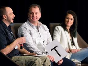 Bosco and Roxy's president Jaymie Crook, middle, and Illbury and Goose co-founder Meghan Kraft, right, listen as Forked River co-founder Steven Nazarian takes part in a panel discussion at the LEDC's London Inc. half day conference at the Best Western Lamplighter Inn on Wellington Road in London, Ont. on Tuesday April 5, 2016. Craig Glover/The London Free Press/Postmedia Network