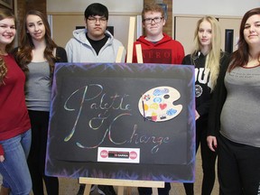 SCITS students pose by a prototype for their Palette of Change project, to create a sculpture honouring the pasts of St. Clair and SCITS high schools, and celebrate their expected consolidation. Students recently received a $1,000 Sarnia Awesome Foundation grant to complete the project. (Tyler Kula/Sarnia Observer/Postmedia Network)