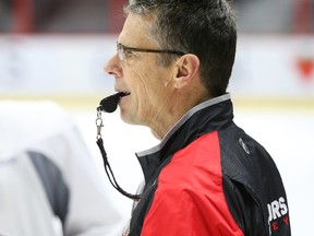 Head coach Dave Cameron of the Ottawa Senators during practice at Canadian Tire Centre in Ottawa on April 04, 2016. (Jean Levac/Postmedia)