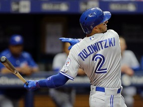 Toronto Blue Jays' Troy Tulowitzki bats against the Tampa Bay Rays during the fifth inning of a baseball game, Sunday, April 3, 2016, in St. Petersburg, Fla. (AP Photo/Chris O'Meara)