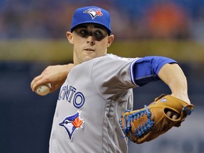 In his first start of the season, Blue Jays pitcher Aaron Sanchez didn’t get the win, but went seven innings, giving up one run. (AP)