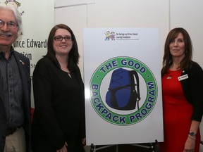 Members from the United Way of Quinte and the Hastings Prince Edward Learning Foundation (HPELF) unveil the new logo for the Good Backpack Program on Wednesday April 6, 2016 in Belleville, Ont. The program, which was started by the United Way of Quinte is transitioning to the HPELF. Pictured left to right are Geoffrey Cudmore, chairman of the Hastings Prince Edward Learning Foundation (HPELF), Amy Watkins, United Way of Quinte director of community resources, Maribeth deSnoo, HPELF executive director and Judi Gilbert, United Way of Quinte executive director.