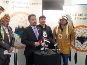 From left to right: Chief Jim Bear, Chief Morris Swan-Shannacappo, Chris Henderson, TLEC executive director, Chief Joe Antsanen, Chief Nelson Genaille(JIM BENDER/WINNIPEG SUN PHOTO)