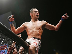 Tony Ferguson celebrates after defeating Edson Barboza in a lightweight bout during The Ultimate Fighter finale in Las Vegas on Dec. 11, 2015. Ferguson was forced to withdraw from his April 16 UFC on FOX headliner against Khabib Nurmagomedov due to injury. (John Locher/AP Photo/Files)