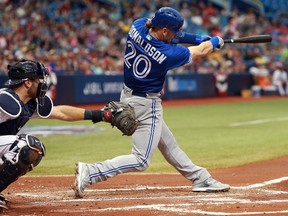 Blue Jays third baseman Josh Donaldson hits a three-run home run during third inning MLB action against the Rays at Tropicana Field in St. Petersburg, Fla., on Wednesday, April 6, 2016. (Kim Klement/USA TODAY Sports)