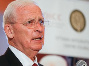 Bryan Murray, Ottawa Senators' executive, speaks during a breakfast to launch a fundraising drive, Changing How We Live With Cancer, an Ottawa Integrated Cancer Centre campaign sponsored by the Ottawa Senators Foundation at the Canadian Tire Centre Wednesday, April 6, 2016. (Darren Brown)