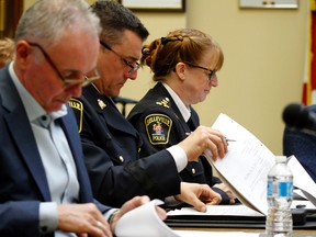 Emily Mountney-Lessard/The Intelligencer
Belleville police chief Cory MacKay, deputy chief Ron Gignac and Police Services Board member Tom Lafferty are shown here during the board meeting on Wednesday.